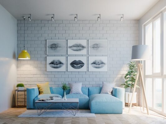 Phòng khách xanh dương - trắng cân bằng năng lượng mạng Thủy theo phong thủy xây nhà.