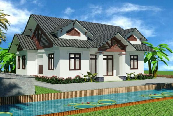 Nhà mái Thái hướng xấu mệnh Thủy được hóa giải bằng hồ nước sen phía trước theo phong thủy xây nhà.