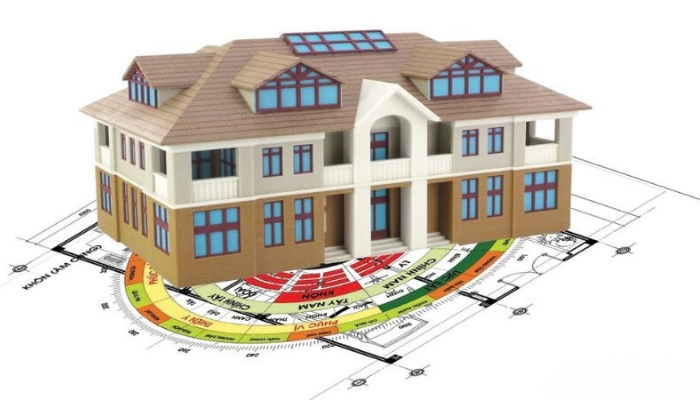 Mô hình nhà trên la bàn phong thủy xác định hướng tốt và ngày động thổ hợp mệnh Thổ.