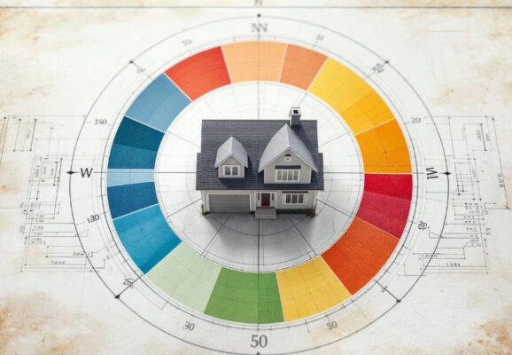 Hình ảnh minh họa phong thủy xây nhà với mô hình nhà ở trung tâm la bàn bát quái và vòng màu sắc chỉ hướng tốt xấu theo phong thủy.